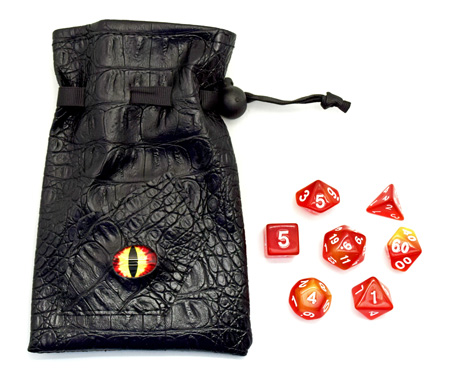 7 Gaming Dice in a Black Embossed Bag with a Red/Yellow Eye